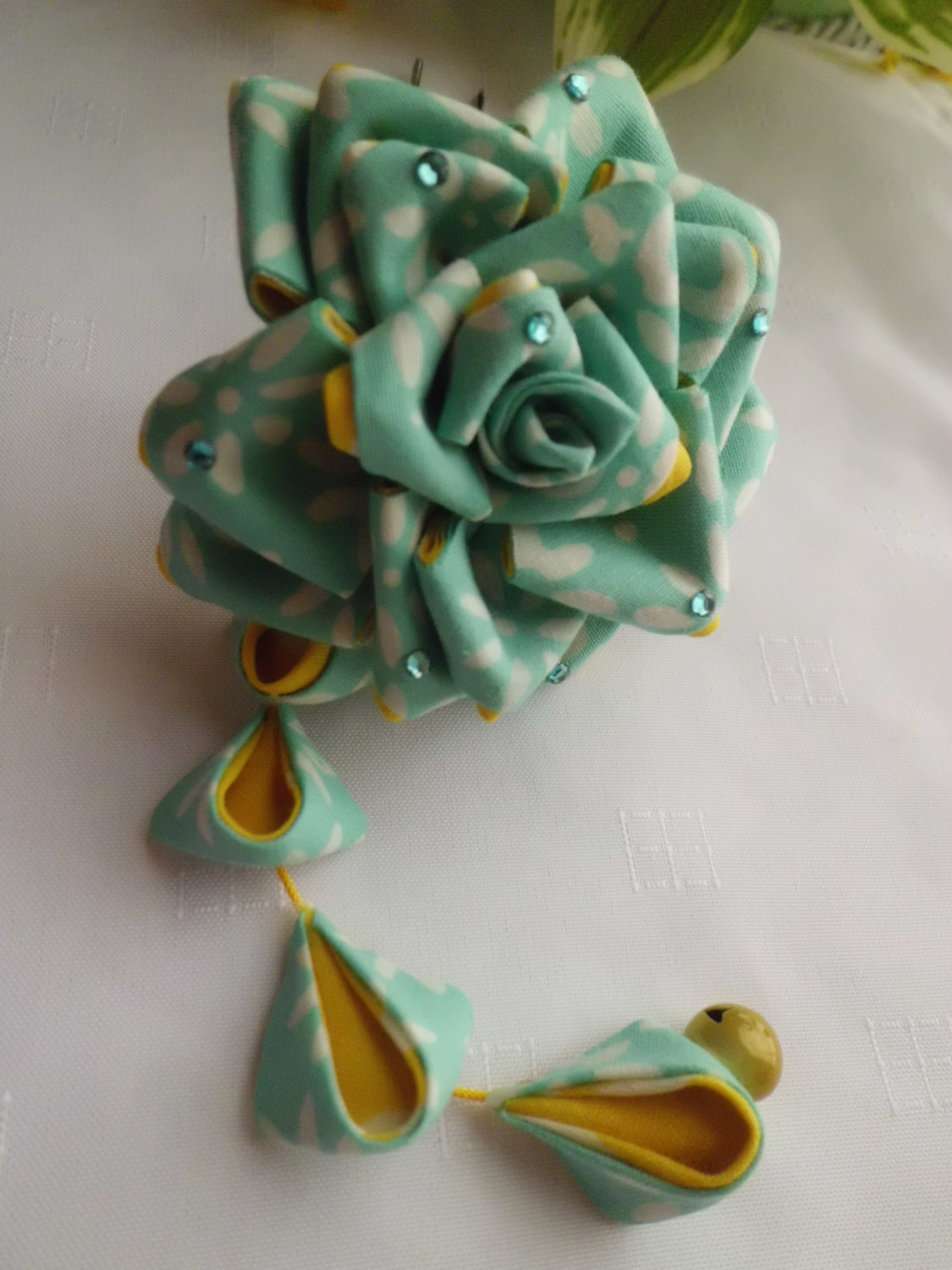 Light Turquoise Yellow Rose Tsumami Kanzashi Adapted Hair Stick With A Dangle