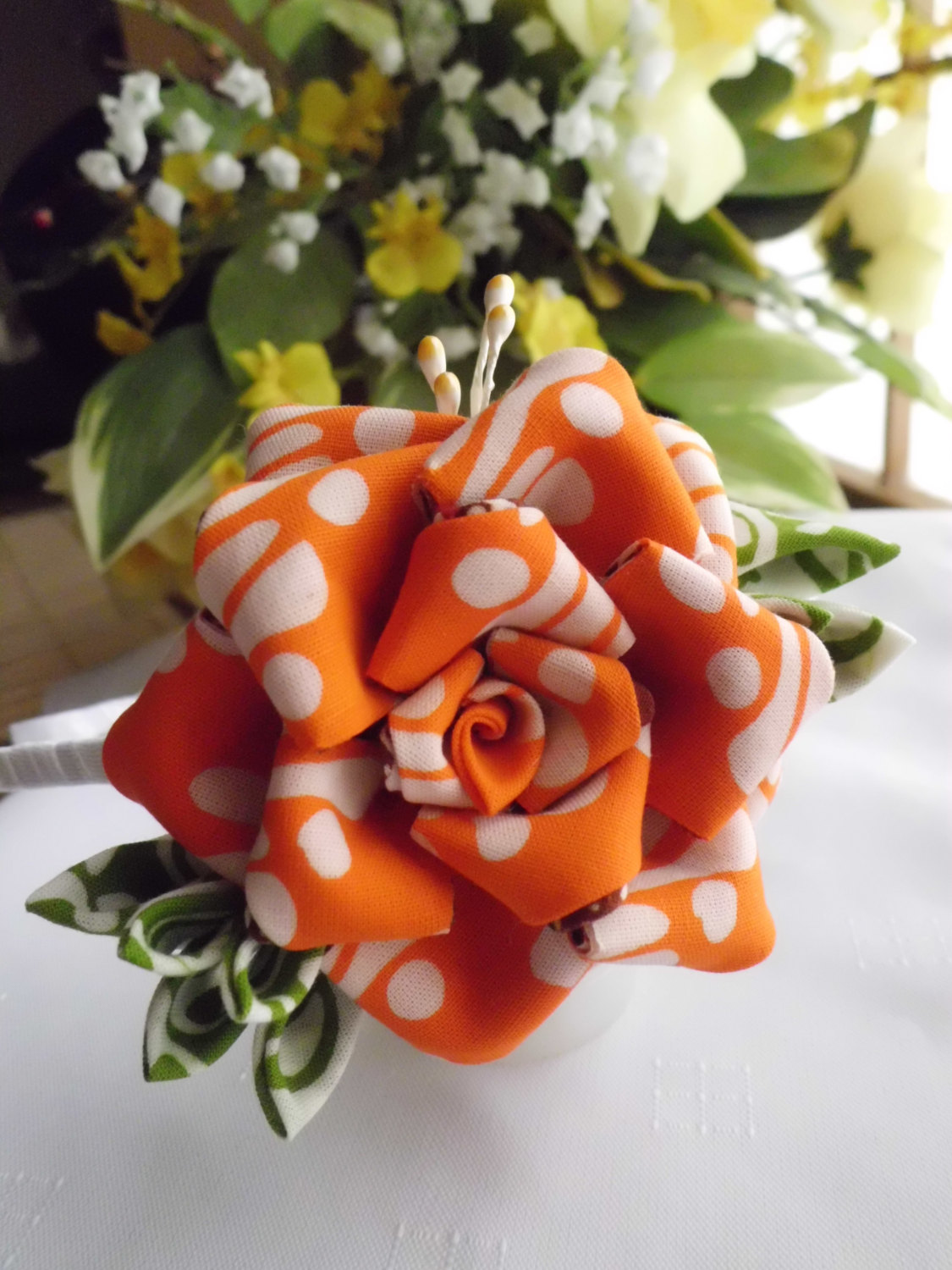 Orange Rose Headband For Bridal Wedding Party Made Of Batik Tsumami Kanzashi Original